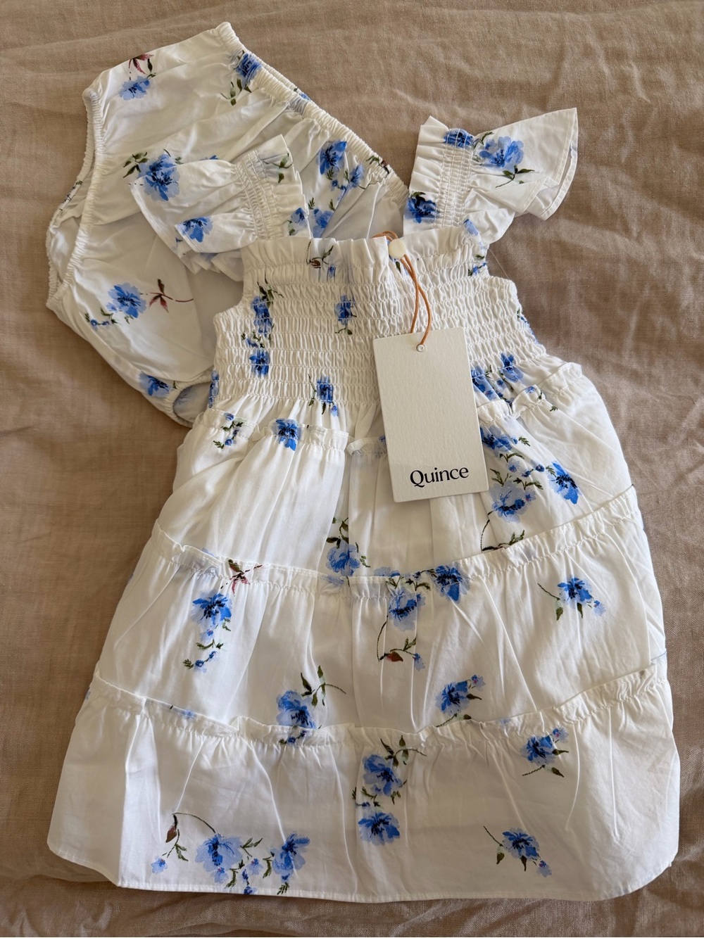 Quince White Dress with Blue Floral Motif